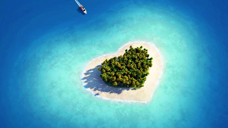Heart-shaped Island — Blue, Serene, Afternoon, Digital Art, Boat