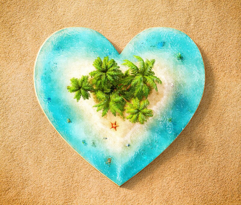Heart-shaped Island — Blue, Serene, Afternoon, Digital Art, Palm Trees