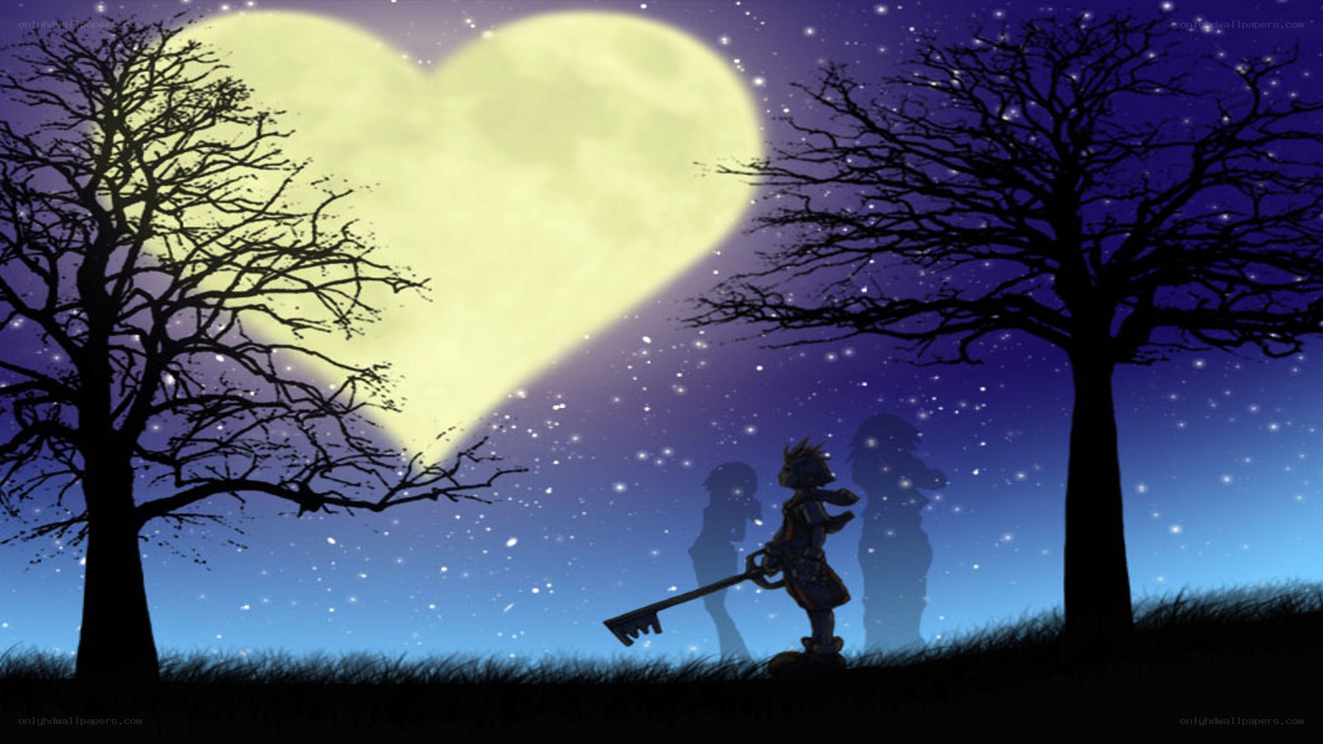 Heart-shaped moon over silhouettes