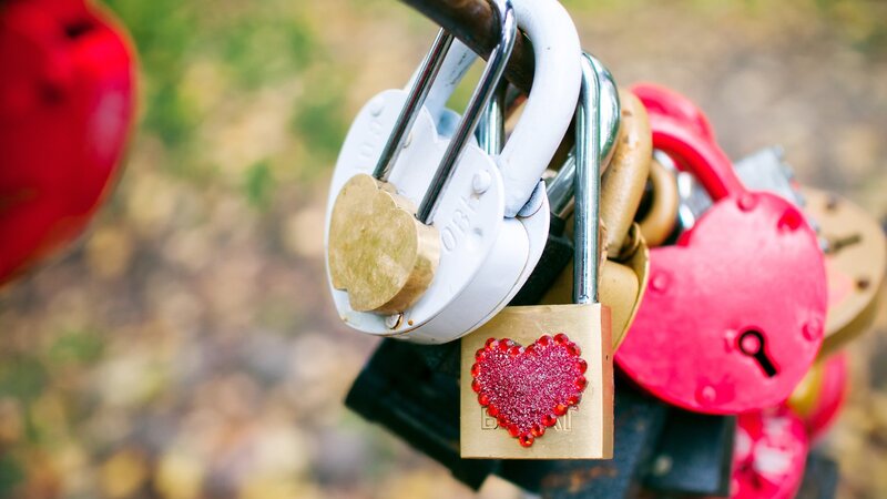 Heart-shaped Padlocks — Red, Romantic, Photograph, Padlock, Chain