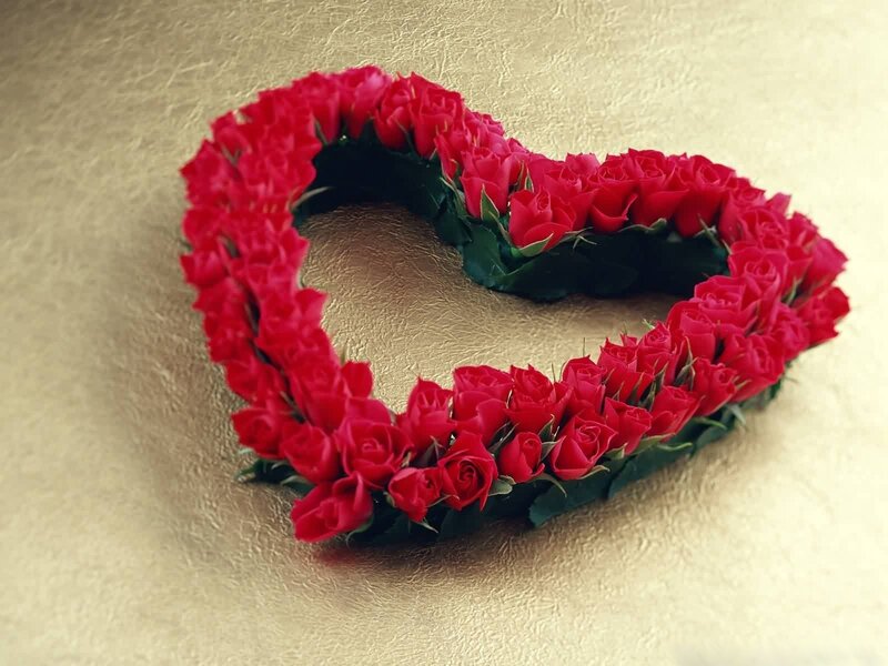 Heart-shaped Rose Arrangement — Red, Romantic, Photograph, Roses, Green Leaves, Gold Background, Green, Gold