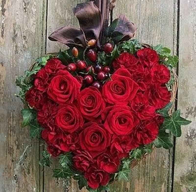 Heart-shaped Rose Arrangement — Red, Romantic, Photograph, Roses, Ivy