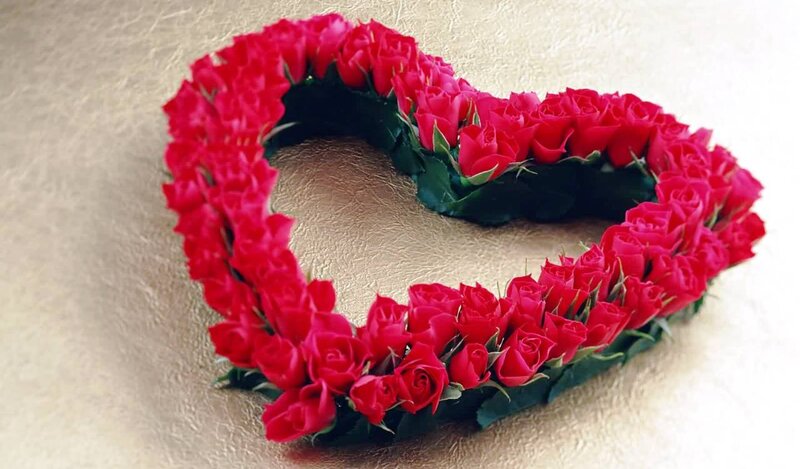Heart-shaped Rose Arrangement — Red, Romantic, Photograph, Roses, Leaves