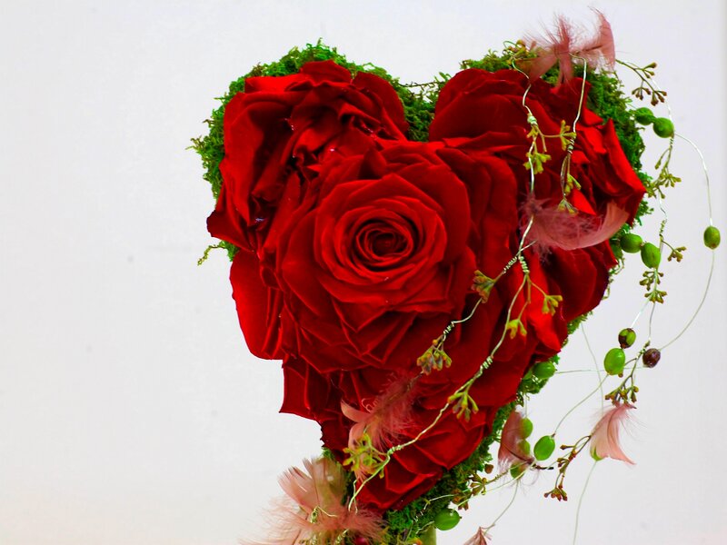 Heart-shaped Rose Arrangement — Red, Romantic, Photograph, Roses, Moss