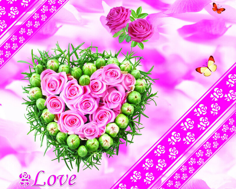Heart-shaped Rose Bouquet — Pink, Romantic, Digital Art, Butterflies