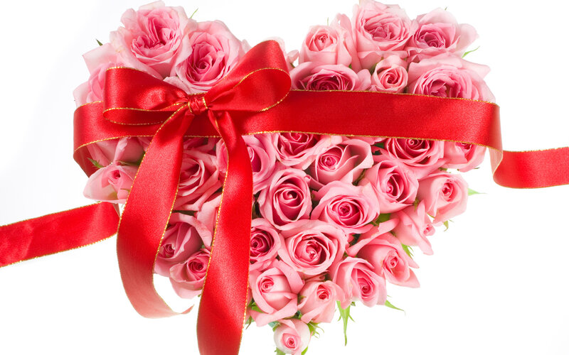 Heart-shaped Rose Bouquet — Pink, Romantic, Photograph, Red Ribbon