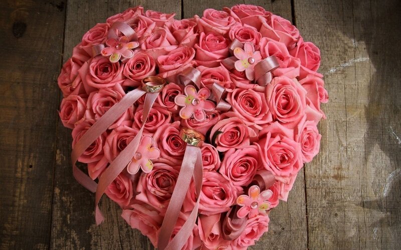 Heart-shaped Rose Bouquet — Pink, Romantic, Photograph, Rings, Ribbons, Flowers, Brown