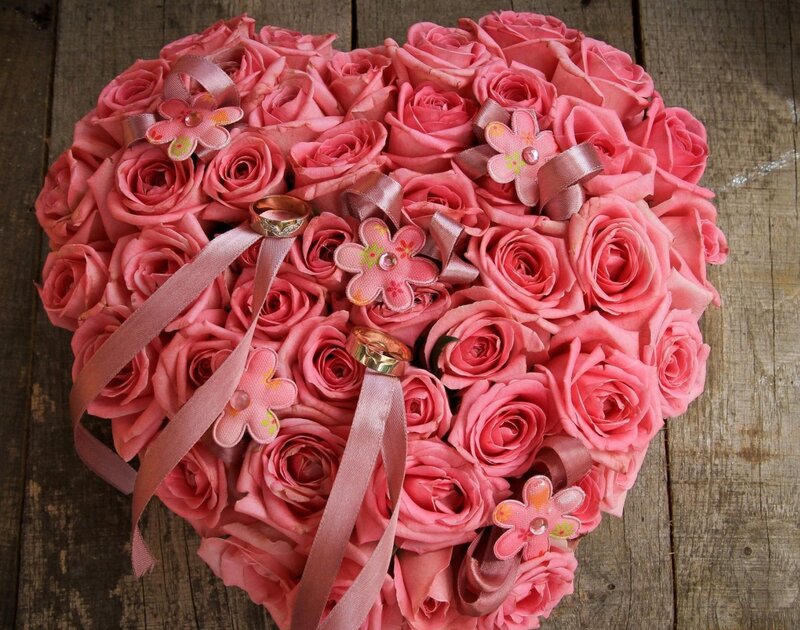 Heart-shaped Rose Bouquet — Pink, Romantic, Photograph, Rings, Ribbons