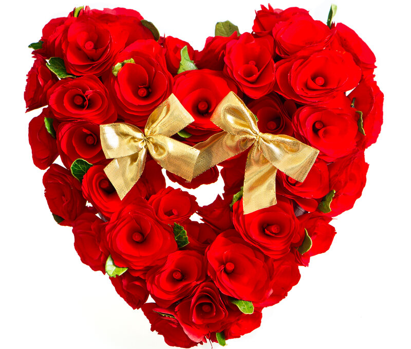 Heart-shaped Rose Bouquet — Red, Romantic, Photograph, Gold Bows