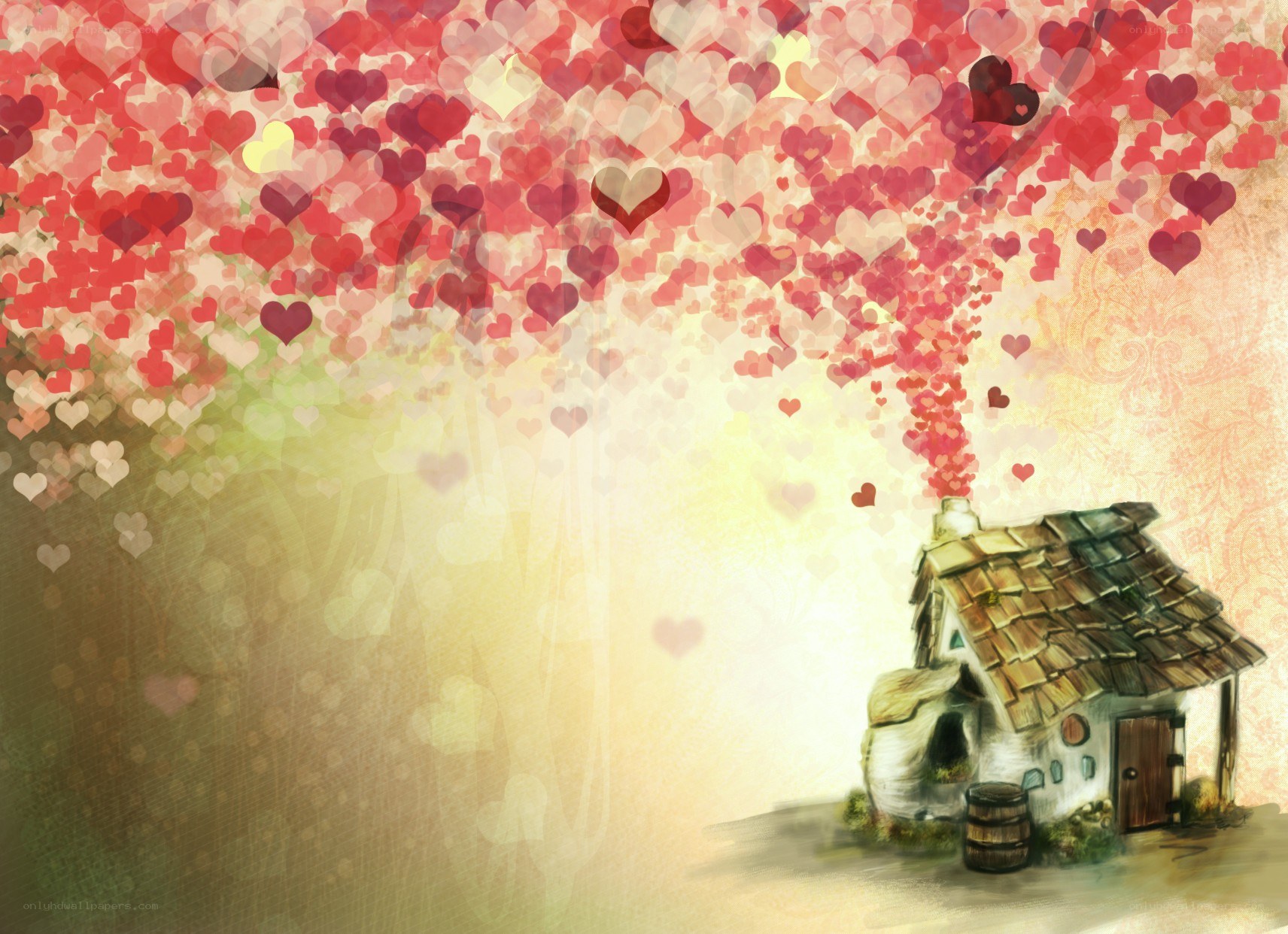 heart-shaped sky over cottage