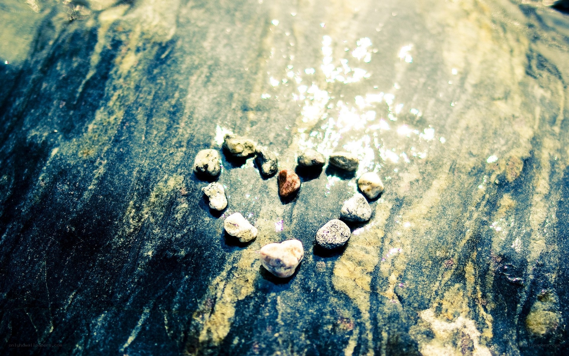 Heart-shaped stones on wet rock
