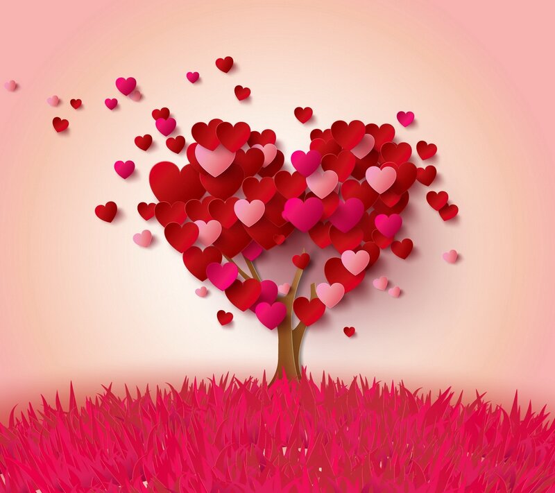 Heart-shaped Tree — Red, Romantic, Digital Art, Hearts, Grass