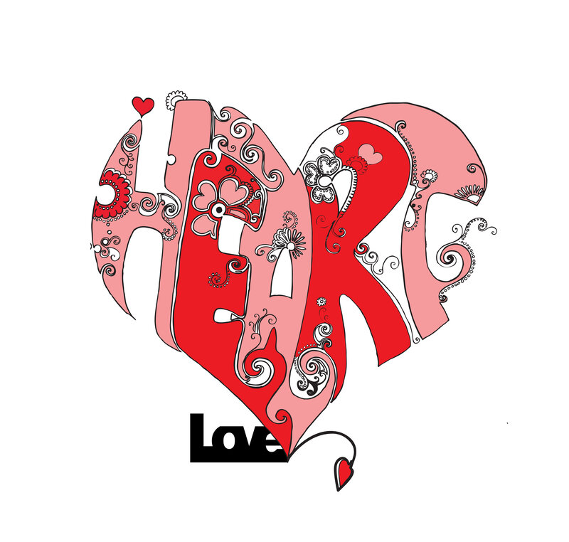 heart-shaped word art with floral patterns