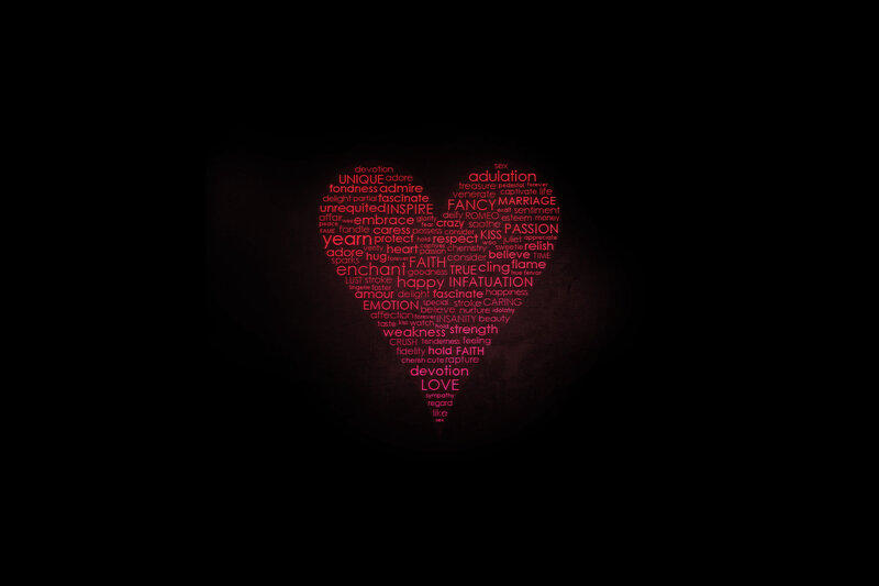 Heart-shaped Word Cloud — Black, Romantic, Digital Art, Words, Dark Background