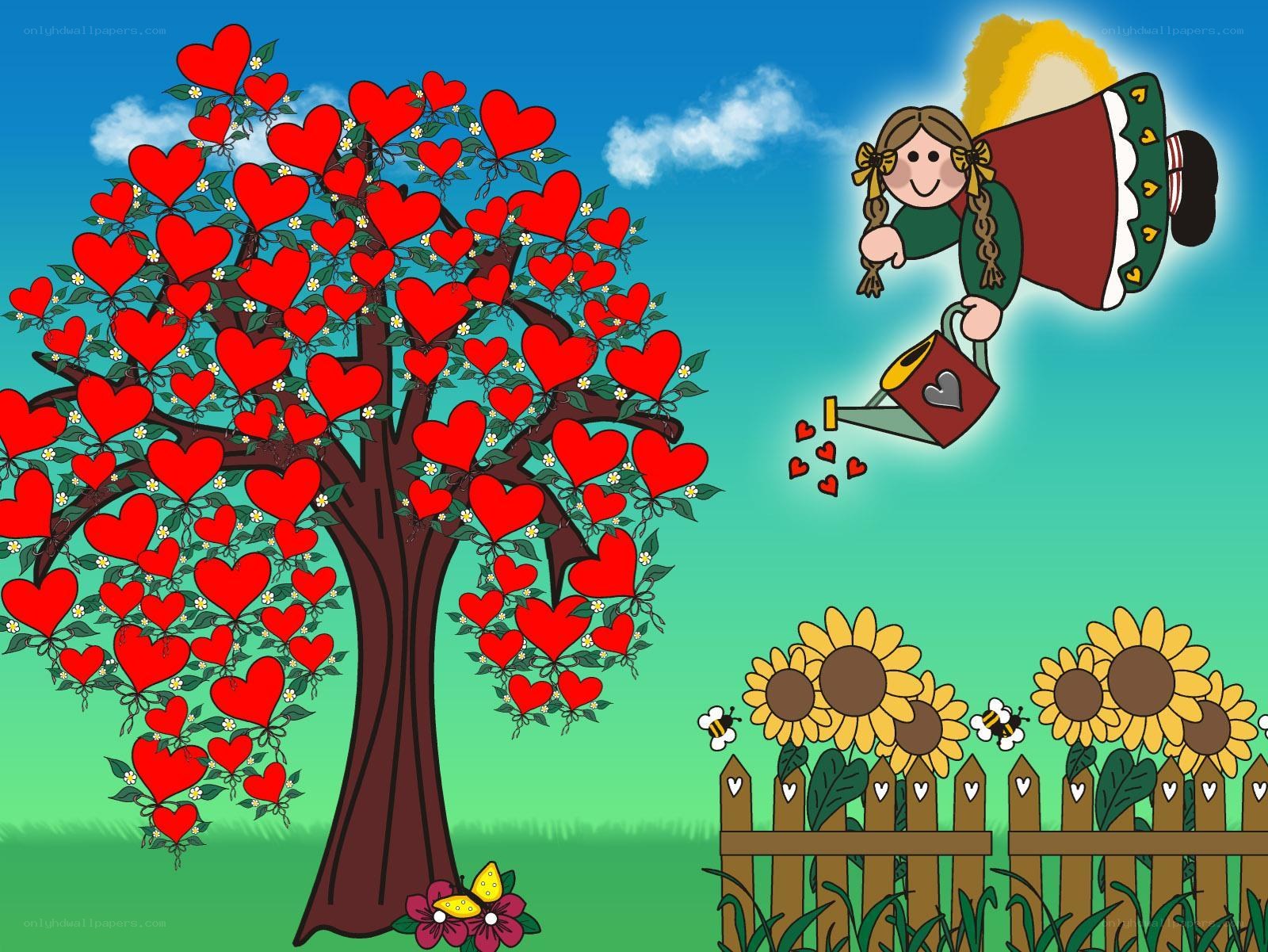 heart tree and angel watering