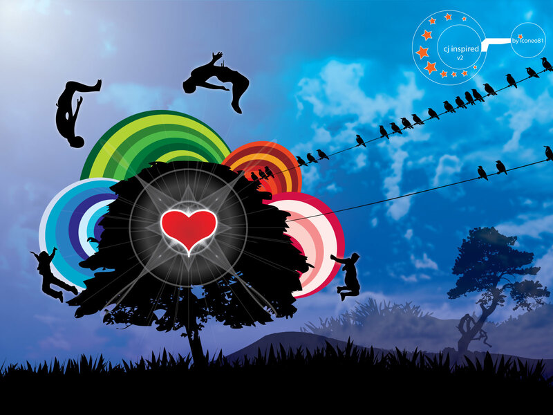 heart with colorful rings and silhouettes