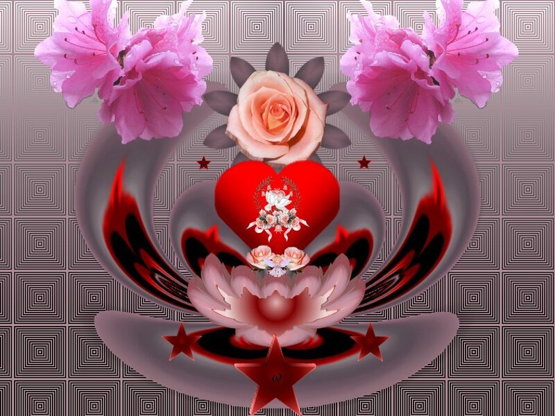 Heart with Flowers — Red, Romantic, Digital Art, Stars