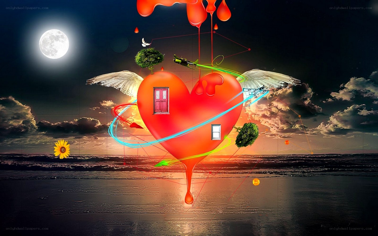 heart with wings over ocean