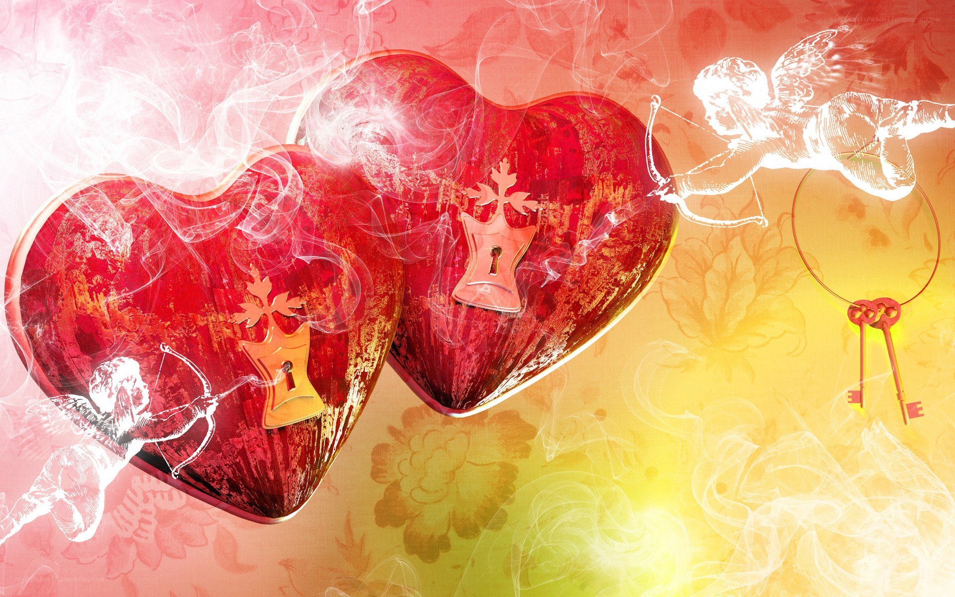 hearts and cupids in smoke