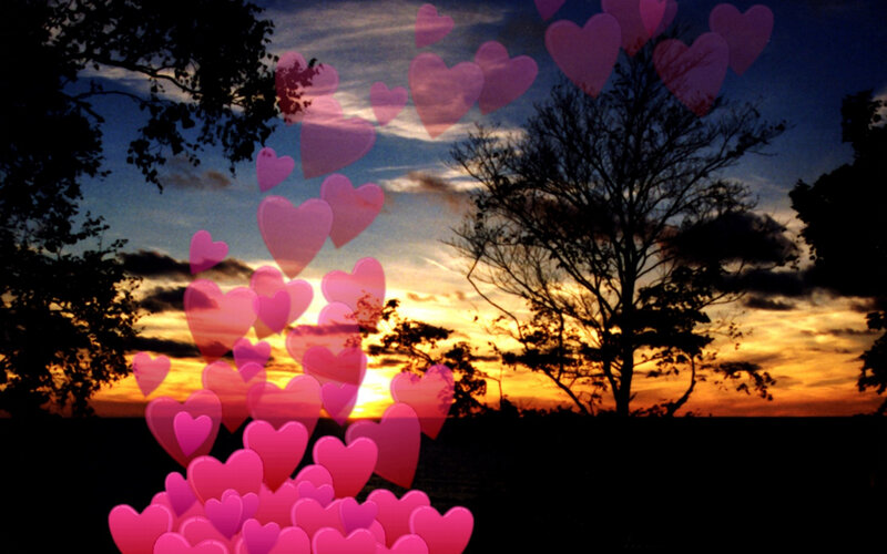 hearts floating at sunset