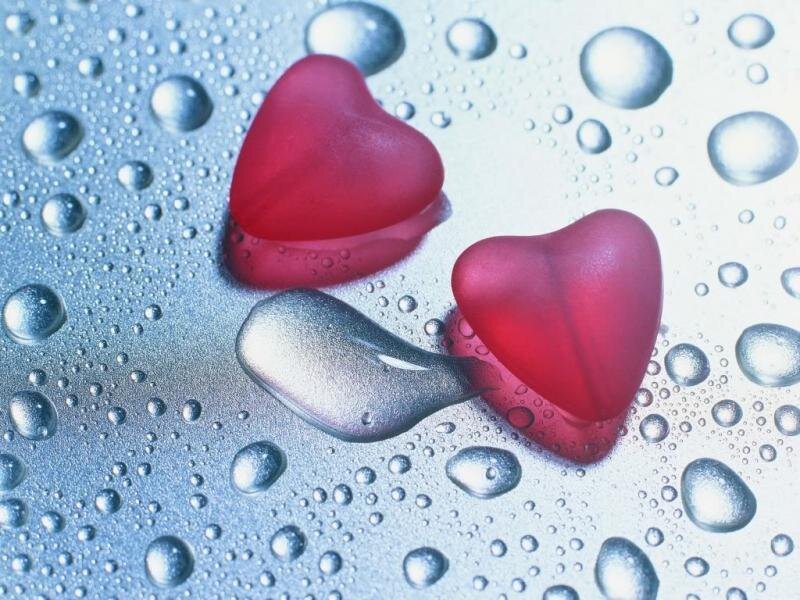 Hearts on a wet surface