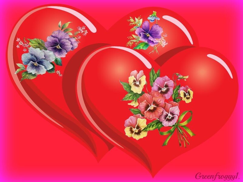 Hearts with Flowers — Red, Romantic, Digital Art