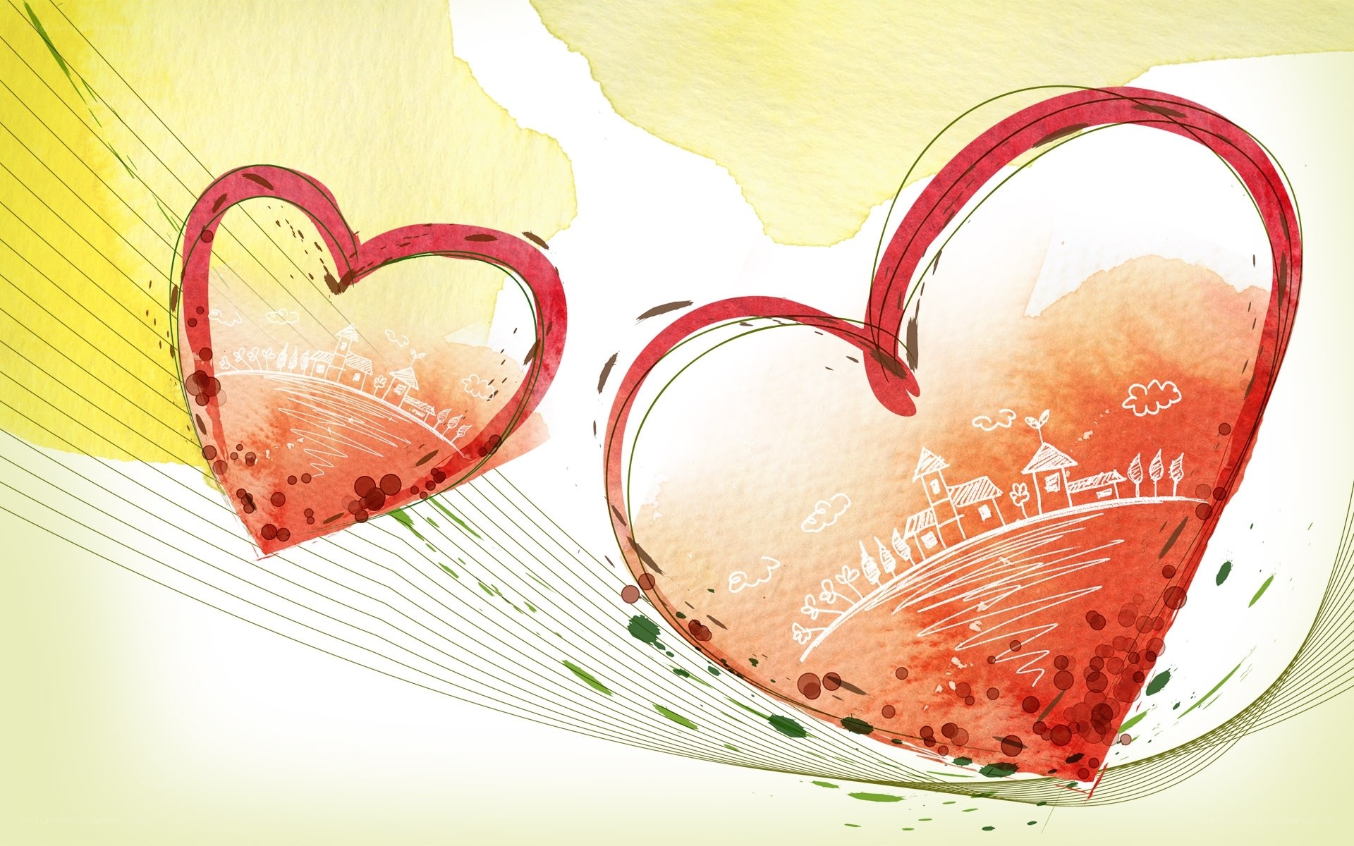 hearts with village scene