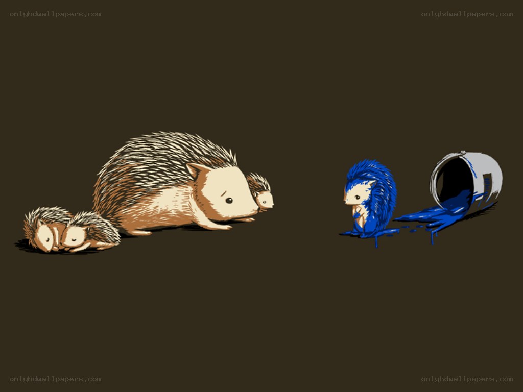 Hedgehogs and a blue character