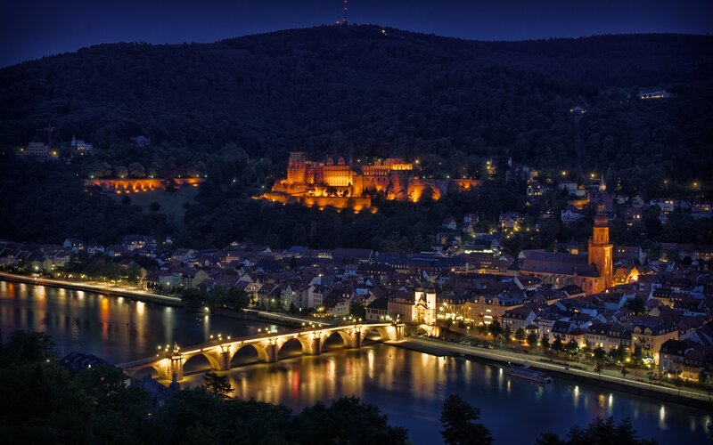 Heidelberg Castle at Night — Blue, Serene, Photograph, River, Bridge, City