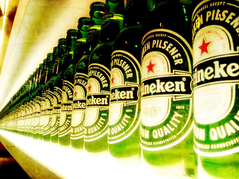 Heineken Beer Bottles — Green, Dramatic, Photograph, Labels
