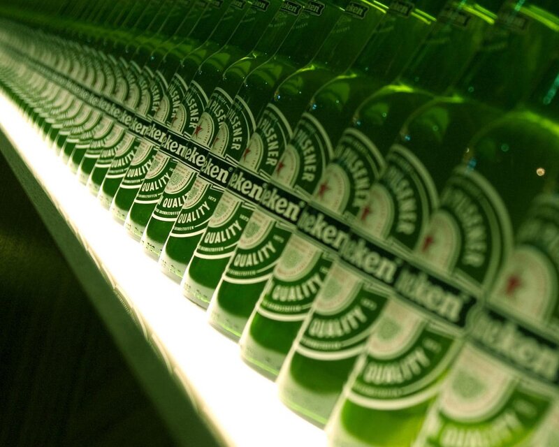 Heineken bottles in a row