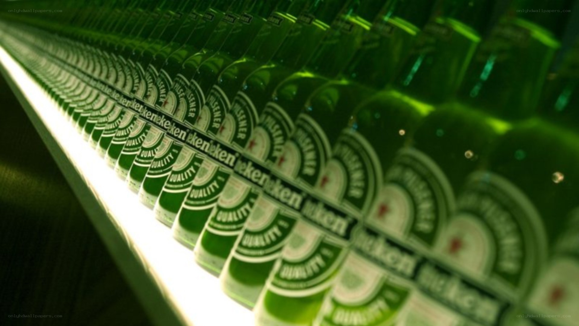Heineken bottles in a row
