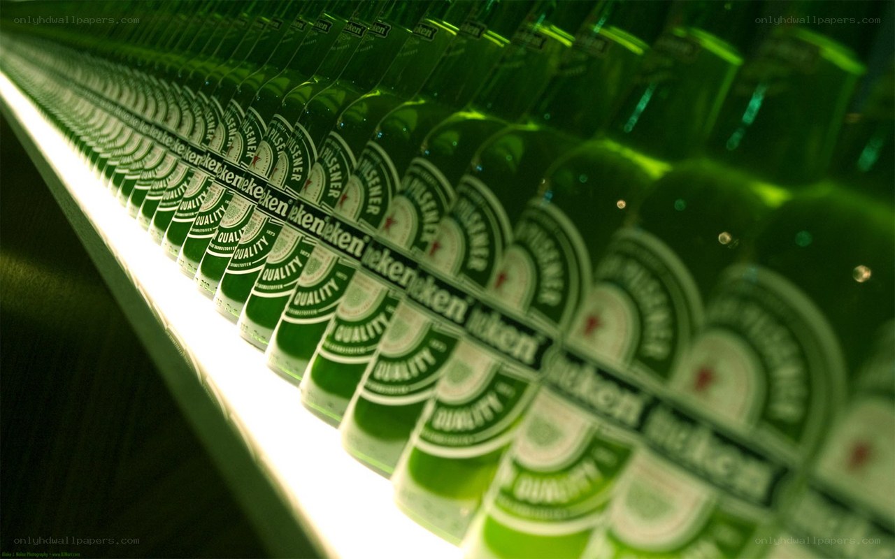 Heineken bottles in a row