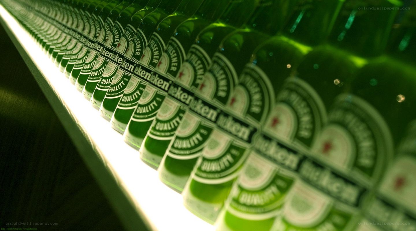 Heineken bottles in a row