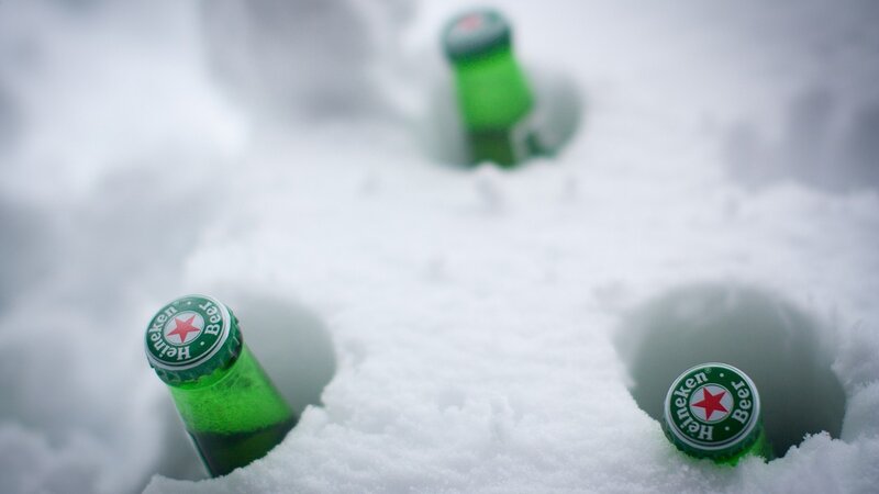 Heineken Bottles in Snow — Green, Cold