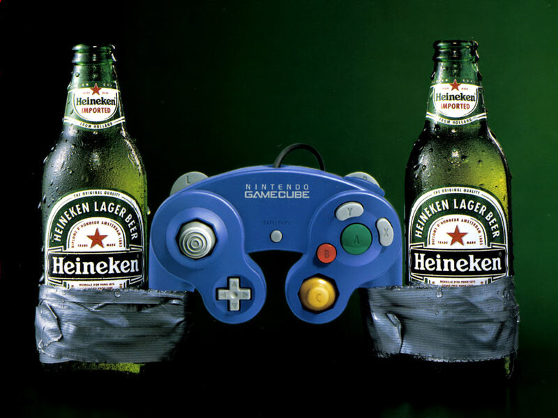 Heineken bottles with GameCube controller