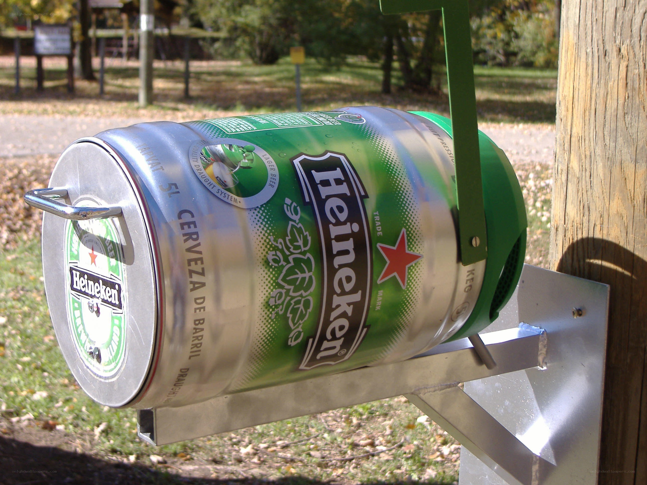 Heineken keg mounted on a post