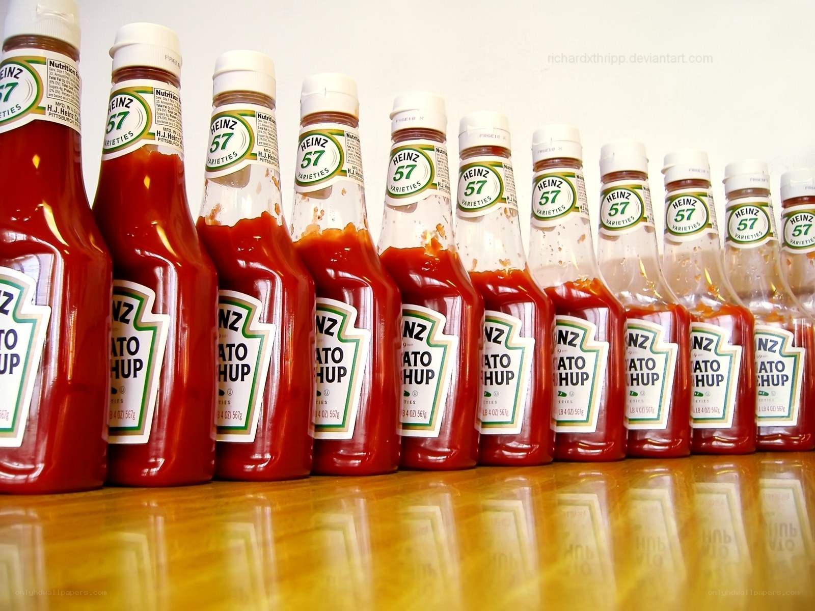 Heinz ketchup bottles in a row