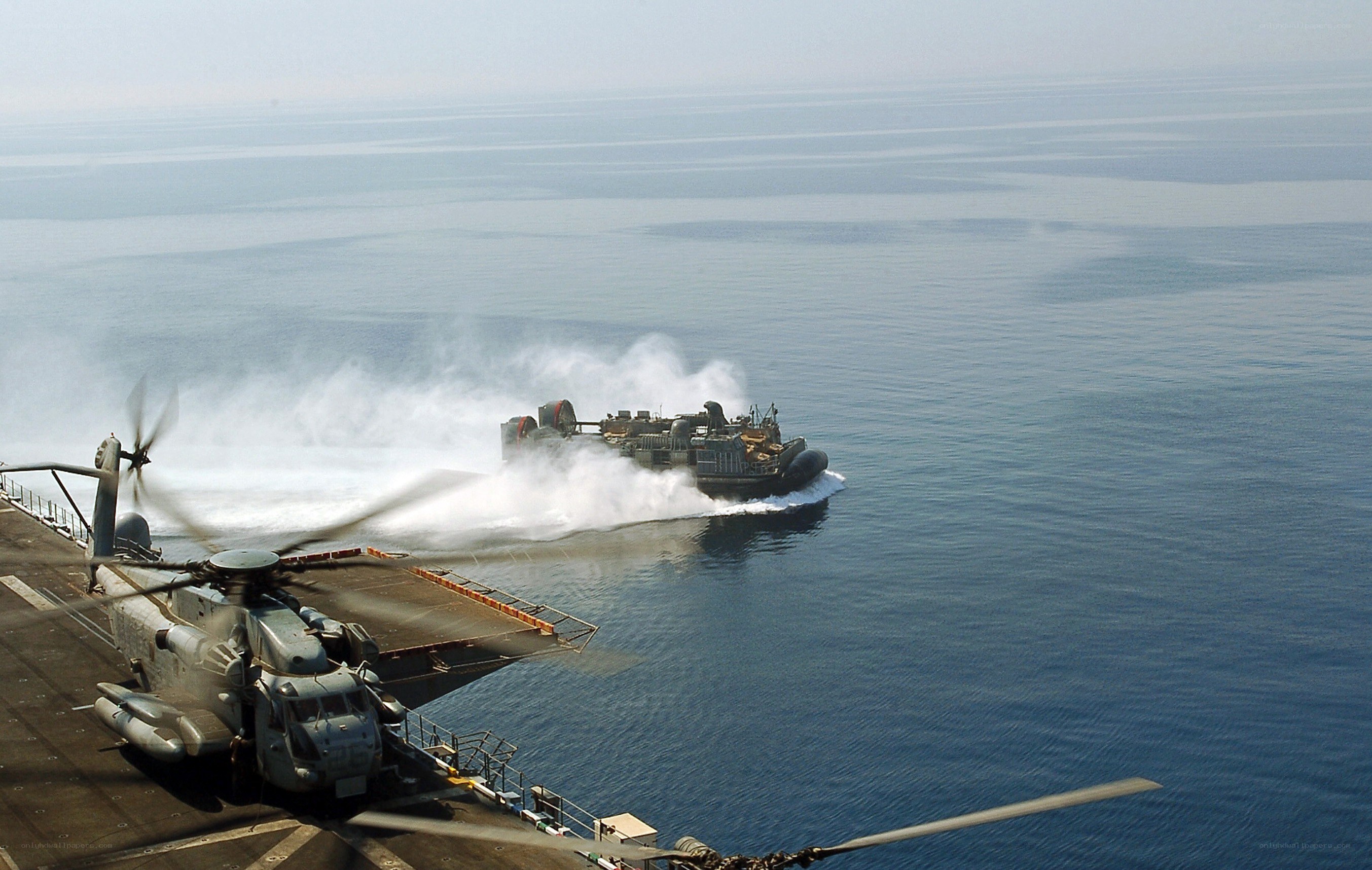 Helicopter and hovercraft at sea
