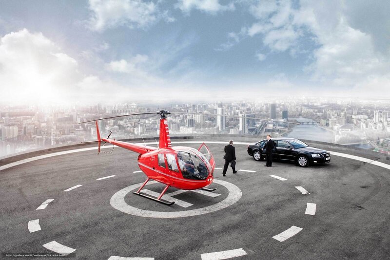 Helicopter and luxury car on rooftop