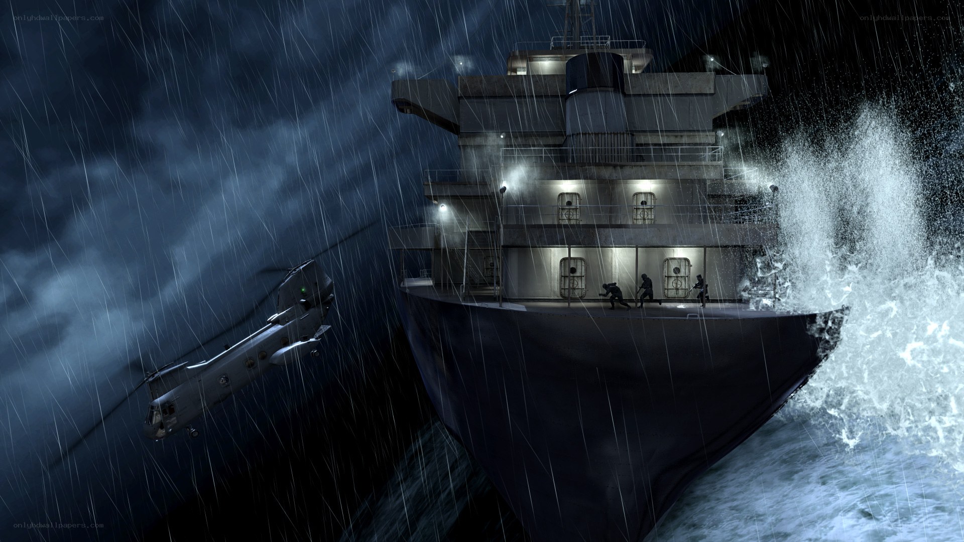 Helicopter approaches ship in storm