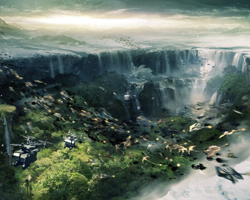 Helicopter battle over waterfall