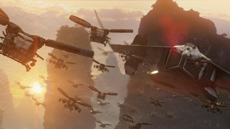 Helicopter fleet in canyon