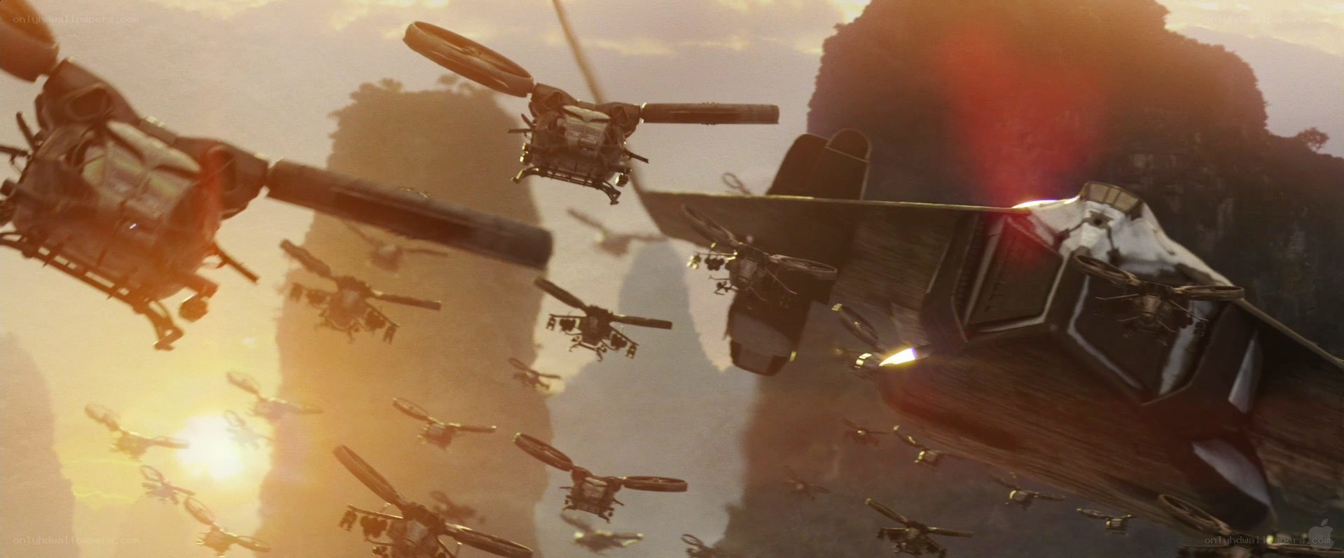 Helicopter fleet in mountainous sky