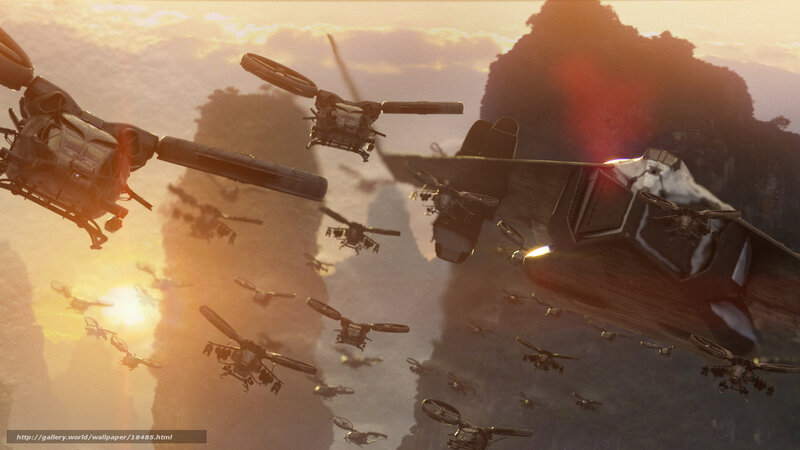 Helicopter fleet over mountains