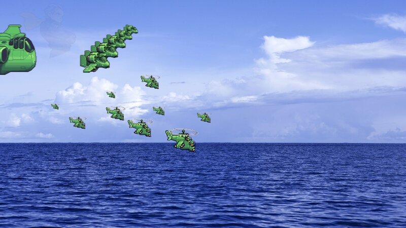 Helicopter fleet over ocean