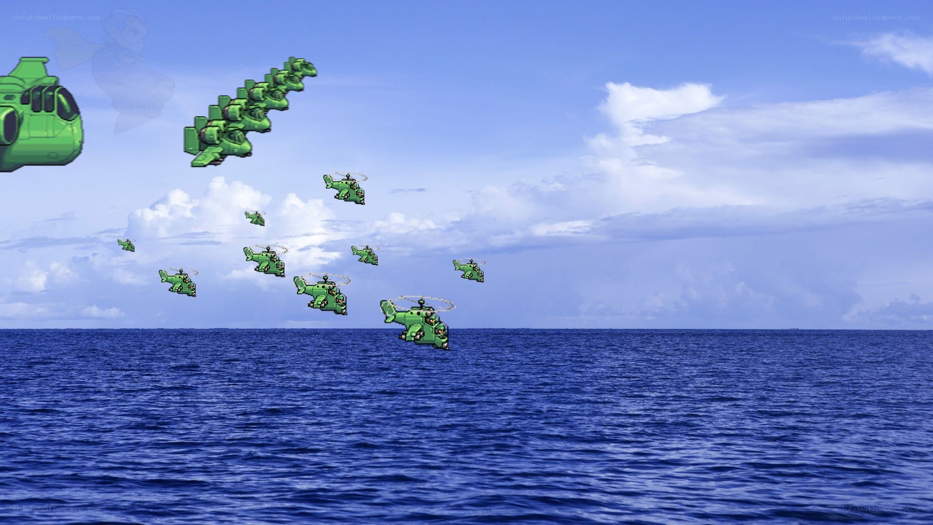 Helicopter fleet over ocean