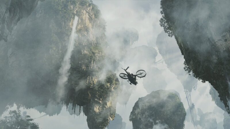helicopter flying over floating islands
