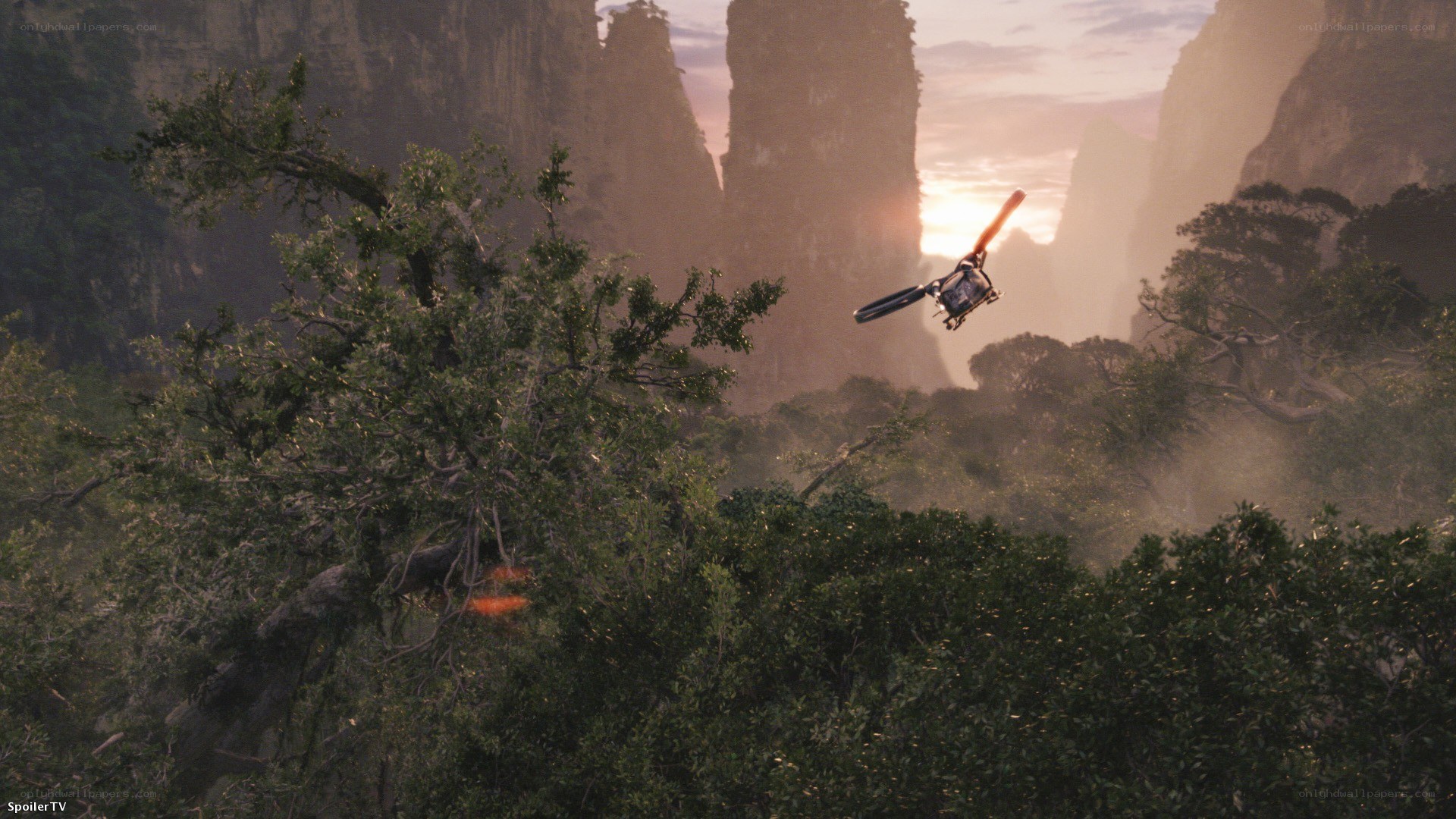 helicopter flying over jungle