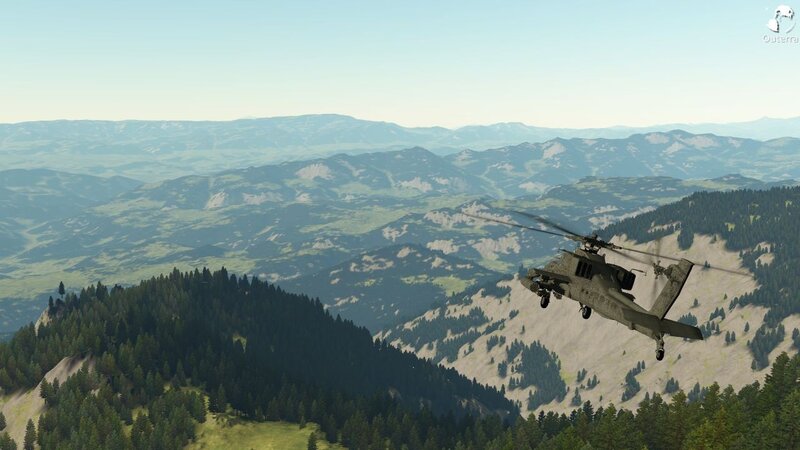 helicopter flying over mountains